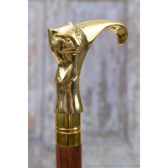 Vintage Walking Stick Cat Handle Wooden and Brass Walking Stick Amazing Cane Gift for Grandfather Father Home Dcor