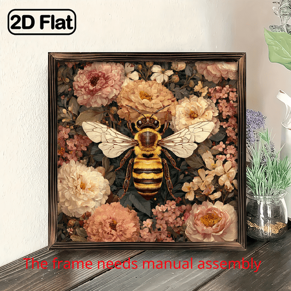 Vintage Wall Art Bee with Flowers Wall Decor Nature Botanical Picture for Living Room Bedroom Home Decor Wooden Board Painting 8x8inch