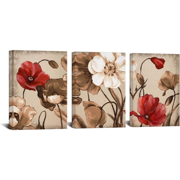 Vintage Wall Art Brown Flowers Painting Bedroom Wall Decor 3 Pieces Canvas Print Brown Blossom Floral Pictures Abstract Artwork Bathroom Living Room Decoration Framed Ready to Hang