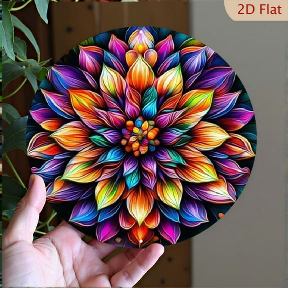 [Vintage Wall Art] Colorful Vintage 1pc Round Shaped Aluminum Sign Wall Art _ 2D Flat Print Metal Sign, Mandala Flower Pattern Decorative Wall Hanging Plaque For Bar Living Room Office, 8*8in
