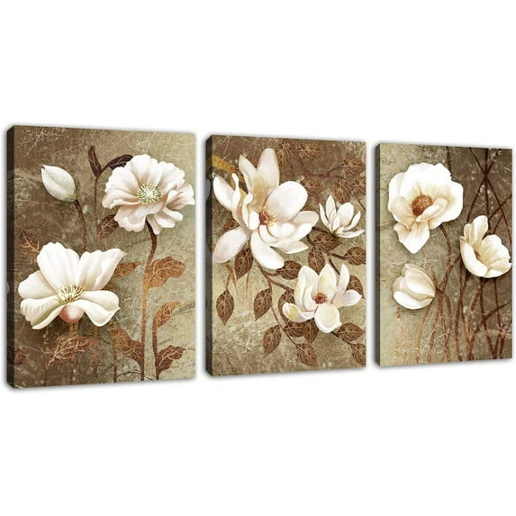 Vintage Wall Art Flowers Bedroom Wall Decor 3 Pieces Canvas Wall Art White Blossom Bathroom Living Room Decoration 12" x 16" x 3 Panels Framed Ready to Hang