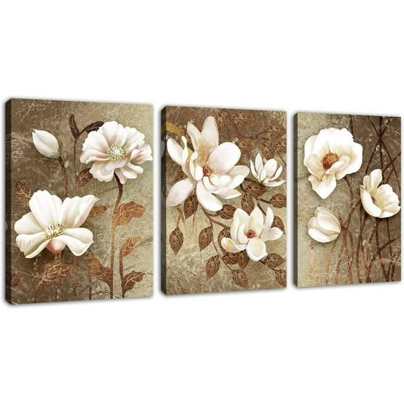 Vintage Wall Art Flowers Bedroom Wall Decor 3 Pieces Canvas Wall Art White Blossom Bathroom Living Room Decoration 12" x 16" x 3 Panels Framed Ready to Hang