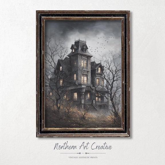 Vintage Wall Art Victorian Haunted House Print Dark Cottagecore Decor Spooky Season Wall Decor Able Art Home Decor #2414, Unframed Poster Size 8x12