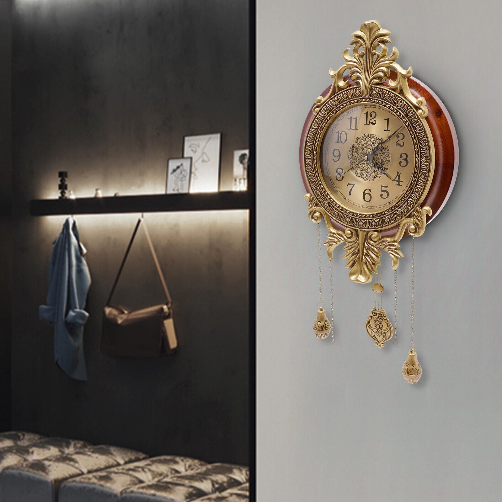 Wall Mount Vintage Wall Clock Battery Quartz Operated Silent Clock with Swinging Pendulum for Living Room
