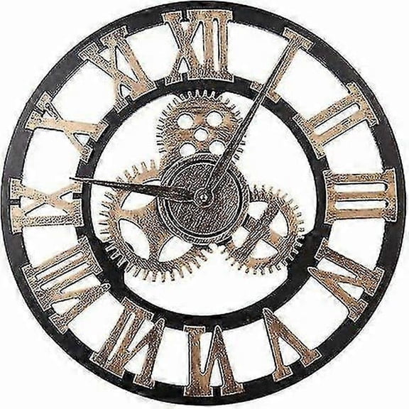 Vintage Wall Clock Round Metal Silent Battery Operated 45cm Black Roman Numerals Living Room