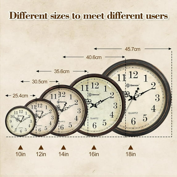 Vintage Wall Clock, Silent 18" Non Ticking Retro Round Clock Quartz Decorative Battery Operated Wall Clock for Kitchen, Office, Bedroom, Living Room, Classroom