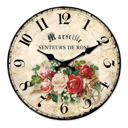 Vintage Wall Clock for Kitchen - Rose Wall Clock Non Ticking - Flower Wall Clock for Women - Wood Wall Clock Battery Operated 14 Inch
