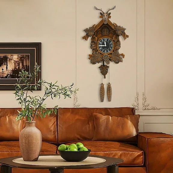 Vintage Wall Clock with Silent Quartz Movement, Antler Design, Cuckoo Function, and Pendulum  Battery-Powered, for Home & Office Decor