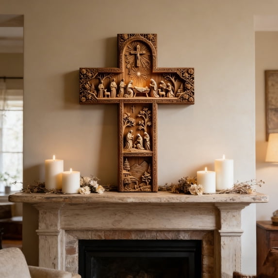 Vintage Wall Cross, 2D Flat Jesus Christ Religious Wall Easter Decoration Featuring Nativity Scene with Crucifixion Resurrection Figures, Gilded Frame in Golden Tones Ideal for Easter