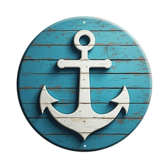 Vintage Wall Decor Anchor Nautical Blue Wall Plaque Sign Round Metal Tin Sign Round Welcome Door Hanging, Suitable for Home Garden Kitchen Bar Cafe Restaurant Garage Wall Decor 8x8 Inch