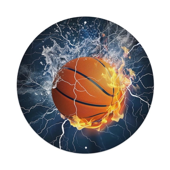 Vintage Wall Decor Basketball With Fire Wall Plaque Sign Round Metal Tin Sign Round Welcome Door Hanging, Suitable for Home Garden Kitchen Bar Cafe Restaurant Garage Wall Decor 8x8 Inch