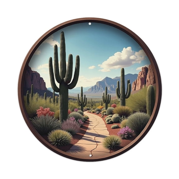 Vintage Wall Decor Cactus Wall Plaque Sign Round Metal Tin Sign Round Welcome Door Hanging, Suitable for Home Garden Kitchen Bar Cafe Restaurant Garage Wall Decor 8x8 Inch