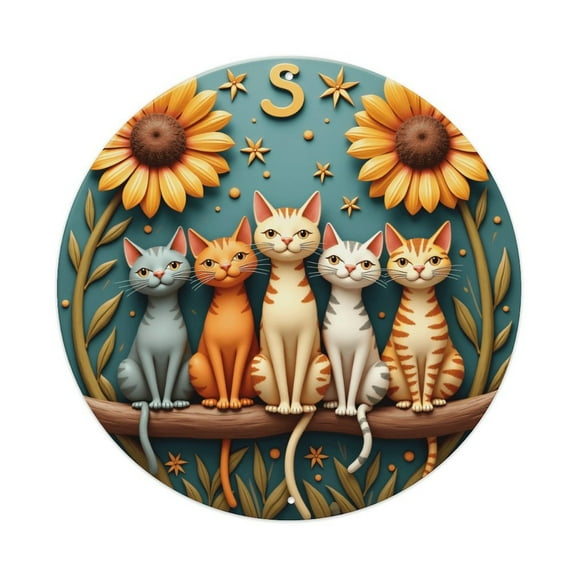 Vintage Wall Decor Cats Sitting On Branch Wall Plaque Sign Round Metal Tin Sign Round Welcome Door Hanging, Suitable for Home Garden Kitchen Bar Cafe Restaurant Garage Wall Decor 8x8 Inch