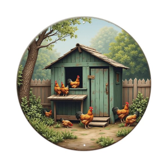 Vintage Wall Decor Chickens Farm Garden Wall Plaque Sign Round Metal Tin Sign Round Welcome Door Hanging, Suitable for Home Garden Kitchen Bar Cafe Restaurant Garage Wall Decor 8x8 Inch