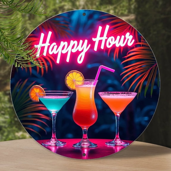 Vintage Wall Decor Cocktail Happy Hour Neon Sign Wall Plaque Sign Round Metal Tin Sign Round Welcome Door Hanging, Suitable for Home Garden Kitchen Bar Cafe Restaurant Garage Wall Decor 8x8 Inch