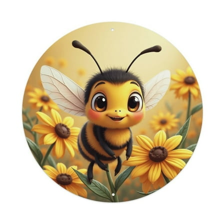Vintage Wall Decor Cute Bee Cartoon Wall Plaque Sign Round Metal Tin Sign Round Welcome Door Hanging, Suitable for Home Garden Kitchen Bar Cafe Restaurant Garage Wall Decor 8x8 Inch