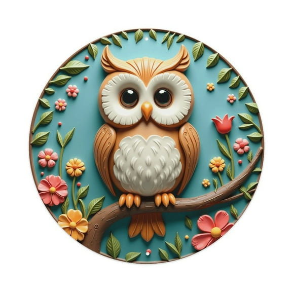 Vintage Wall Decor Cute Owl Wall Plaque Sign Round Metal Tin Sign Round Welcome Door Hanging, Suitable for Home Garden Kitchen Bar Cafe Restaurant Garage Wall Decor 8x8 Inch