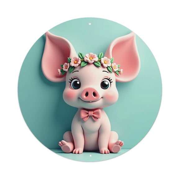 Vintage Wall Decor Cute Pig Flower Wall Plaque Sign Round Metal Tin Sign Round Welcome Door Hanging, Suitable for Home Garden Kitchen Bar Cafe Restaurant Garage Wall Decor 8x8 Inch