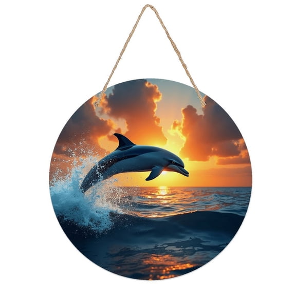 Vintage Wall Decor Dolphin Sunset Wall Plaque Sign Round Metal Tin Sign Round Welcome Door Hanging, Suitable for Home Garden Kitchen Bar Cafe Restaurant Garage Wall Decor 8x8 Inch