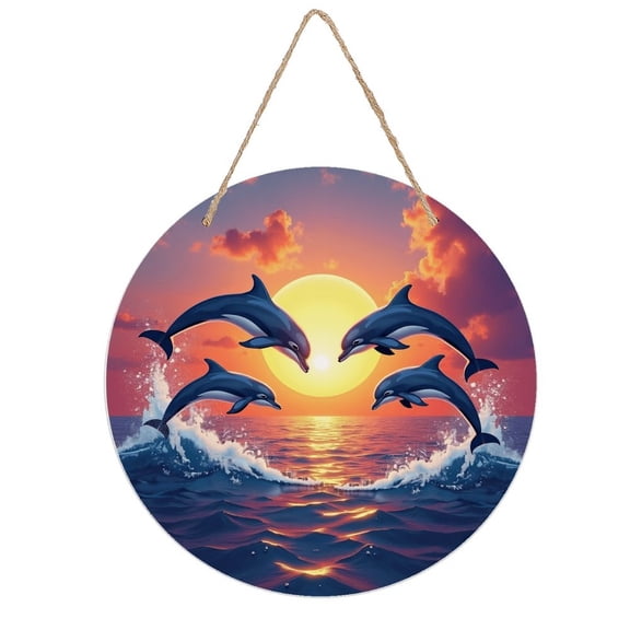 Vintage Wall Decor Dolphins Sunset Ocean Wall Plaque Sign Round Metal Tin Sign Round Welcome Door Hanging, Suitable for Home Garden Kitchen Bar Cafe Restaurant Garage Wall Decor 8x8 Inch
