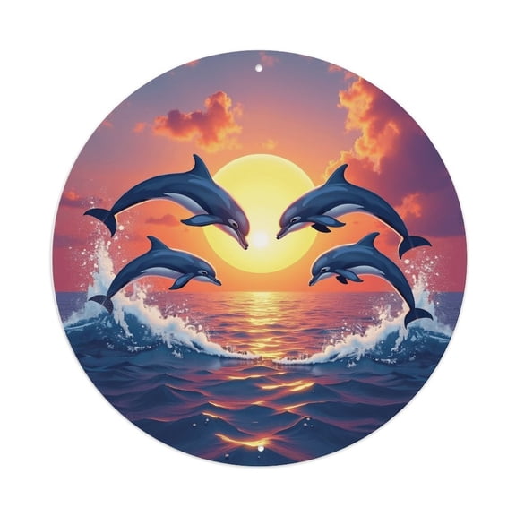 Vintage Wall Decor Dolphins Sunset Ocean Wall Plaque Sign Round Metal Tin Sign Round Welcome Door Hanging, Suitable for Home Garden Kitchen Bar Cafe Restaurant Garage Wall Decor 8x8 Inch