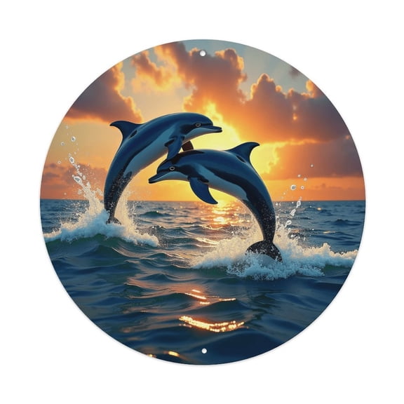 Vintage Wall Decor Dolphins_Two Sunset Ocean Wall Plaque Sign Round Metal Tin Sign Round Welcome Door Hanging, Suitable for Home Garden Kitchen Bar Cafe Restaurant Garage Wall Decor 8x8 Inch