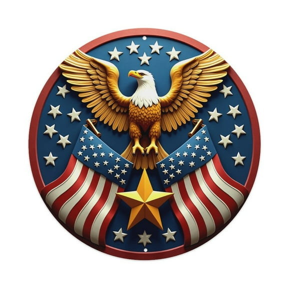 Vintage Wall Decor Eagle Flag Star Wall Plaque Sign Round Metal Tin Sign Round Welcome Door Hanging, Suitable for Home Garden Kitchen Bar Cafe Restaurant Garage Wall Decor 8x8 Inch