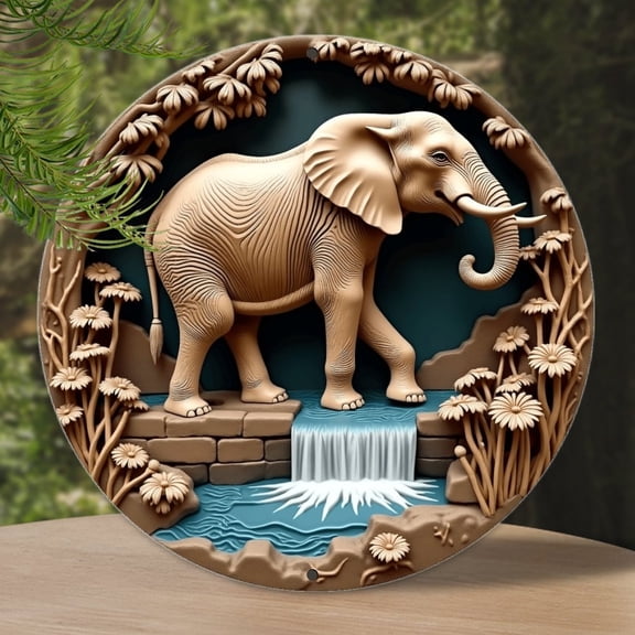 Vintage Wall Decor Elephant Waterfall Landscape Wall Plaque Sign Round Metal Tin Sign Round Welcome Door Hanging, Suitable for Home Garden Kitchen Bar Cafe Restaurant Garage Wall Decor 8x8 Inch