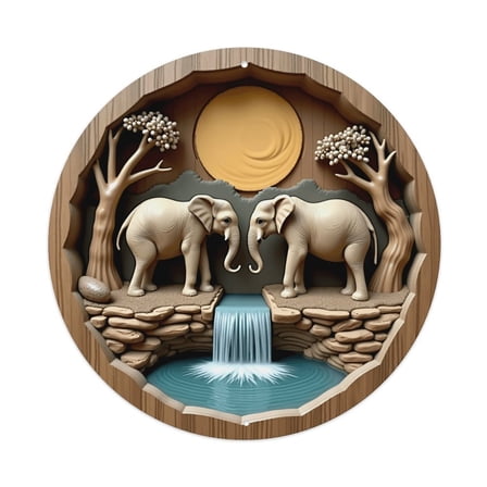 Vintage Wall Decor Elephants Waterfall Sunset Wall Plaque Sign Round Metal Tin Sign Round Welcome Door Hanging, Suitable for Home Garden Kitchen Bar Cafe Restaurant Garage Wall Decor 8x8 Inch