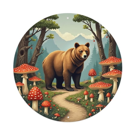 Vintage Wall Decor Fantasy Brown Bear Forest Wall Plaque Sign Round Metal Tin Sign Round Welcome Door Hanging, Suitable for Home Garden Kitchen Bar Cafe Restaurant Garage Wall Decor 8x8 Inch