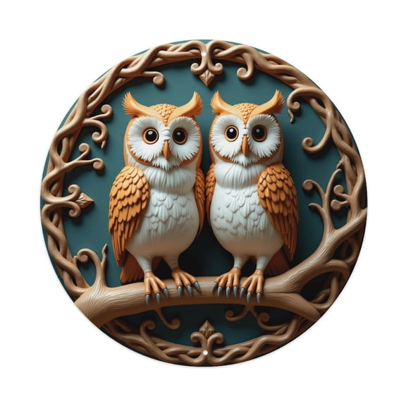 Vintage Wall Decor Fantasy Owls Wall Plaque Sign Round Metal Tin Sign Round Welcome Door Hanging, Suitable for Home Garden Kitchen Bar Cafe Restaurant Garage Wall Decor 8x8 Inch
