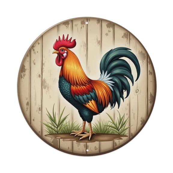 Vintage Wall Decor Farm Rooster Wall Plaque Sign Round Metal Tin Sign Round Welcome Door Hanging, Suitable for Home Garden Kitchen Bar Cafe Restaurant Garage Wall Decor 8x8 Inch
