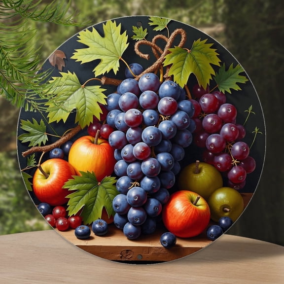 Vintage Wall Decor Grapes Fruit Apples Wall Plaque Sign Round Metal Tin Sign Round Welcome Door Hanging, Suitable for Home Garden Kitchen Bar Cafe Restaurant Garage Wall Decor 8x8 Inch