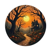 Vintage Wall Decor Halloween Autumn Landscape Wall Plaque Sign Round Metal Tin Sign Round Welcome Door Hanging, Suitable for Home Garden Kitchen Bar Cafe Restaurant Garage Wall Decor 8x8 Inch
