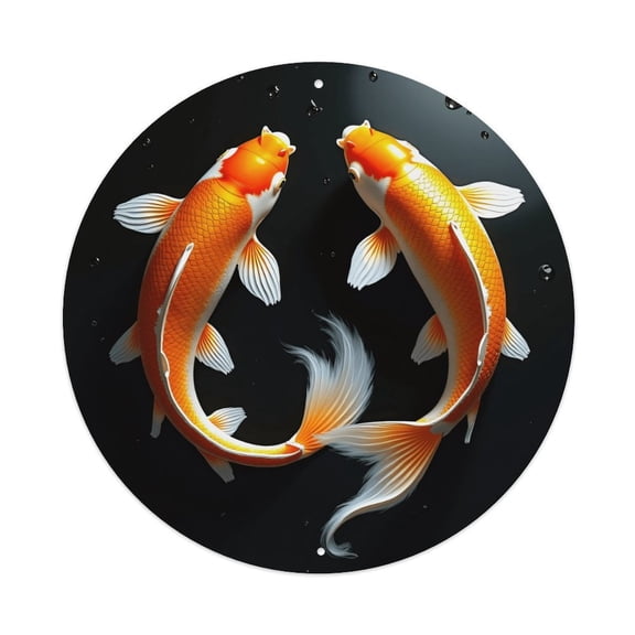 Vintage Wall Decor Koi Fish Wall Plaque Sign Round Metal Tin Sign Round Welcome Door Hanging, Suitable for Home Garden Kitchen Bar Cafe Restaurant Garage Wall Decor 8x8 Inch