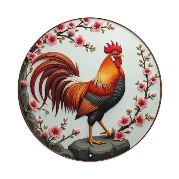 Vintage Wall Decor Rooster Floral Pattern Wall Plaque Sign Round Metal Tin Sign Round Welcome Door Hanging, Suitable for Home Garden Kitchen Bar Cafe Restaurant Garage Wall Decor 8x8 Inch