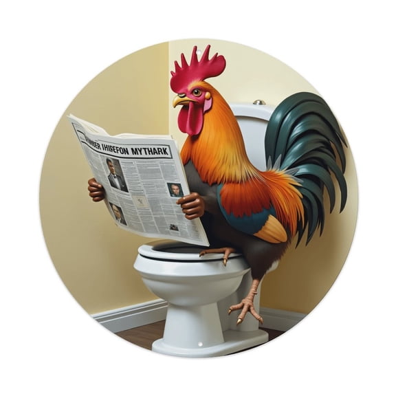 Vintage Wall Decor Rooster Reading Toilet Wall Plaque Sign Round Metal Tin Sign Round Welcome Door Hanging, Suitable for Home Garden Kitchen Bar Cafe Restaurant Garage Wall Decor 8x8 Inch