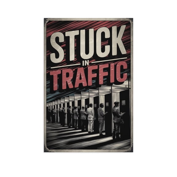 Vintage Wall Decor Stuck in Traffic Funny Poster for Bathroom Line of People Waiting Textured Background Bold Red And White Colors Print Poster