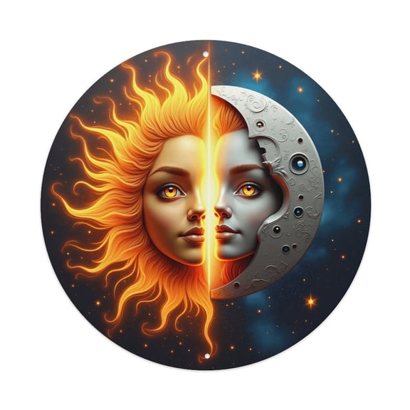 Vintage Wall Decor Sun Face Moon Wall Plaque Sign Round Metal Tin Sign Round Welcome Door Hanging, Suitable for Home Garden Kitchen Bar Cafe Restaurant Garage Wall Decor 8x8 Inch