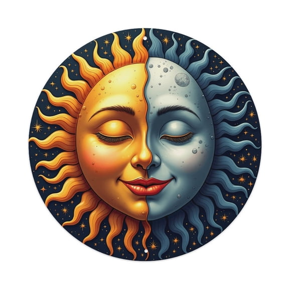 Vintage Wall Decor Sun Moon Face Wall Plaque Sign Round Metal Tin Sign Round Welcome Door Hanging, Suitable for Home Garden Kitchen Bar Cafe Restaurant Garage Wall Decor 8x8 Inch