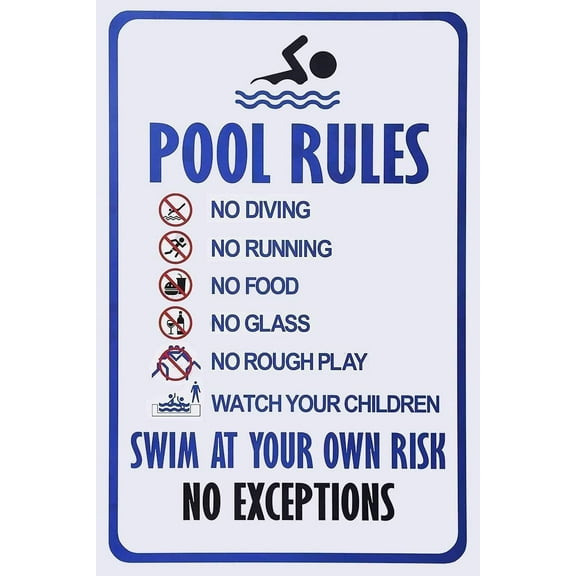 Vintage Wall Decor Swimming Pool Rules tin sign & Their own Risk Swimming Warning Metal Sign, Swimming Pool, Water Park Safety warning decor Metal Plates Funny Art decoration 12x8 Inch