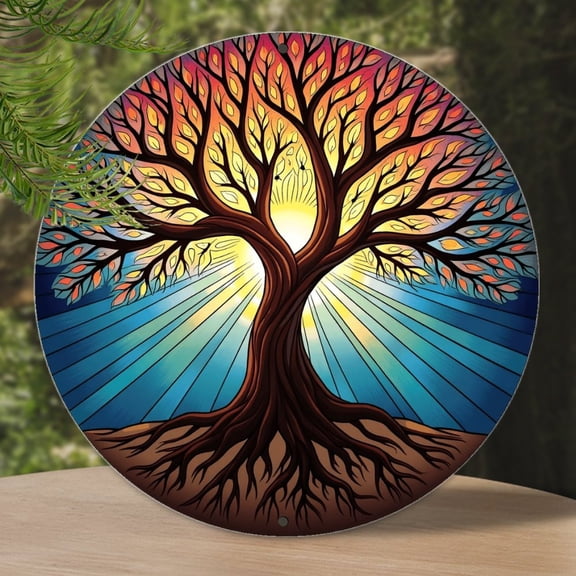 Vintage Wall Decor Tree Sunset Sunrise Wall Plaque Sign Round Metal Tin Sign Round Welcome Door Hanging, Suitable for Home Garden Kitchen Bar Cafe Restaurant Garage Wall Decor 8x8 Inch