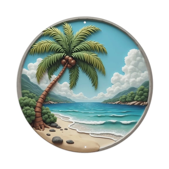 Vintage Wall Decor Tropical Palm Tree Beach Wall Plaque Sign Round Metal Tin Sign Round Welcome Door Hanging, Suitable for Home Garden Kitchen Bar Cafe Restaurant Garage Wall Decor 8x8 Inch