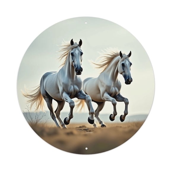 Vintage Wall Decor Two Horses White Wall Plaque Sign Round Metal Tin Sign Round Welcome Door Hanging, Suitable for Home Garden Kitchen Bar Cafe Restaurant Garage Wall Decor 8x8 Inch