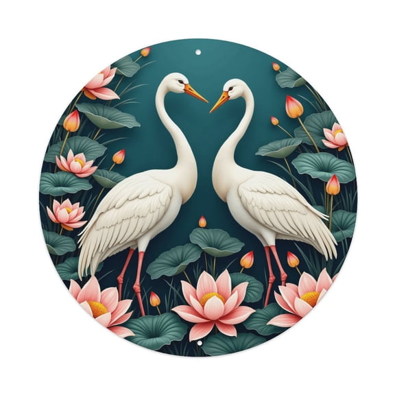 Vintage Wall Decor White Cranes Pink Flowers Wall Plaque Sign Round Metal Tin Sign Round Welcome Door Hanging, Suitable for Home Garden Kitchen Bar Cafe Restaurant Garage Wall Decor 8x8 Inch