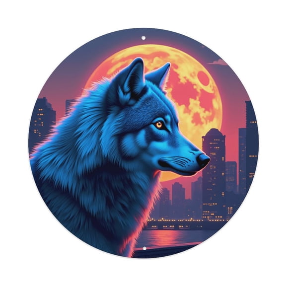 Vintage Wall Decor Wolf Cityscape Full Moon Wall Plaque Sign Round Metal Tin Sign Round Welcome Door Hanging, Suitable for Home Garden Kitchen Bar Cafe Restaurant Garage Wall Decor 8x8 Inch