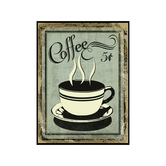 Vintage Wall Decor w/ Coffee Design, Retro 12 x 9 'Coffee for 5 Cents' Metal Sign, Vintage Tin Signs for Coffee Lovers, Unique Coffee Sign for Mom, Sister, Friend or Coworker, Quirky Tin Home Decor