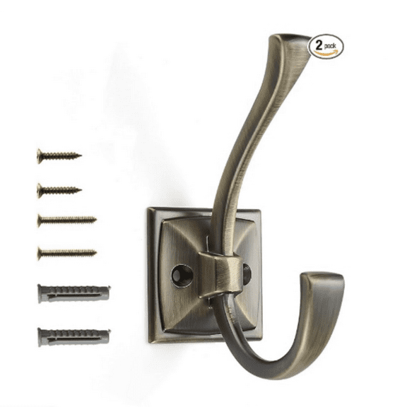 Vintage Wall Hooks,2 Pack Coat Hooks Hardware Towel Hooks for Hanging Coats Brushed Antique Brass Robe Hooks Wall Mounted with Screws for Key, Towel, Bags, Cup.