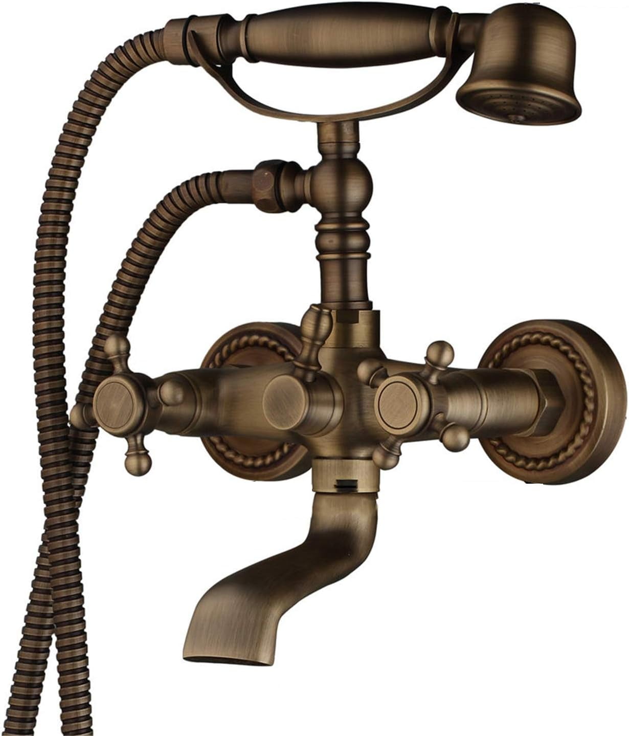 Vintage Wall Mount Antique Brass Bathtub Faucet with Hand Shower Sprayer, Bathroom Tub Faucet, Double Cross Handle Telephone Shaped Handheld Sprayer Shower Set