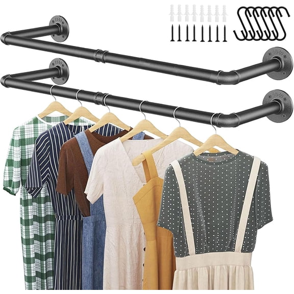 Vintage Wall Mounted Clothes Rack of 2,23.6" Industrial Pipe Clothes Rack for Hanging Clothes,Multi-Purpose Clothing Hanging Rod for Laundry Room and Closet Storage,Black